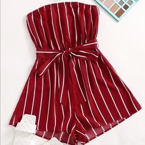 Never Worn: Self Belted Red Striped Tube Romper | Size Small